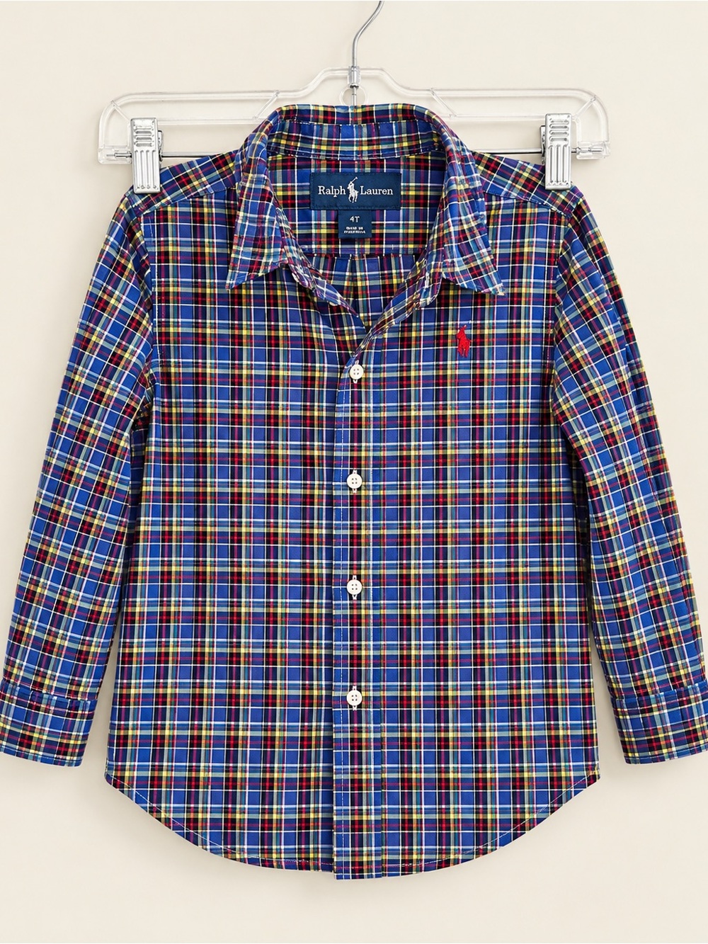 RALPH LAUREN Boys S Plaid Button-Down Dress Shirt, Blue/Red/Yellow 4T